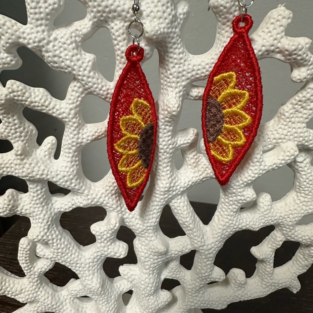 Handcrafted Red Background and Yellow Sunflower Embroidered Earrings.